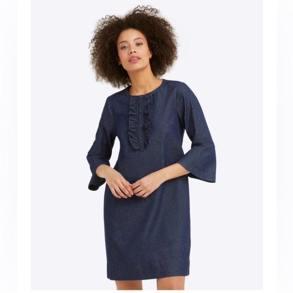 Draper James Chambray Ruffle Shift Dress Size 12 100% Cotton Natural Cottagecore
